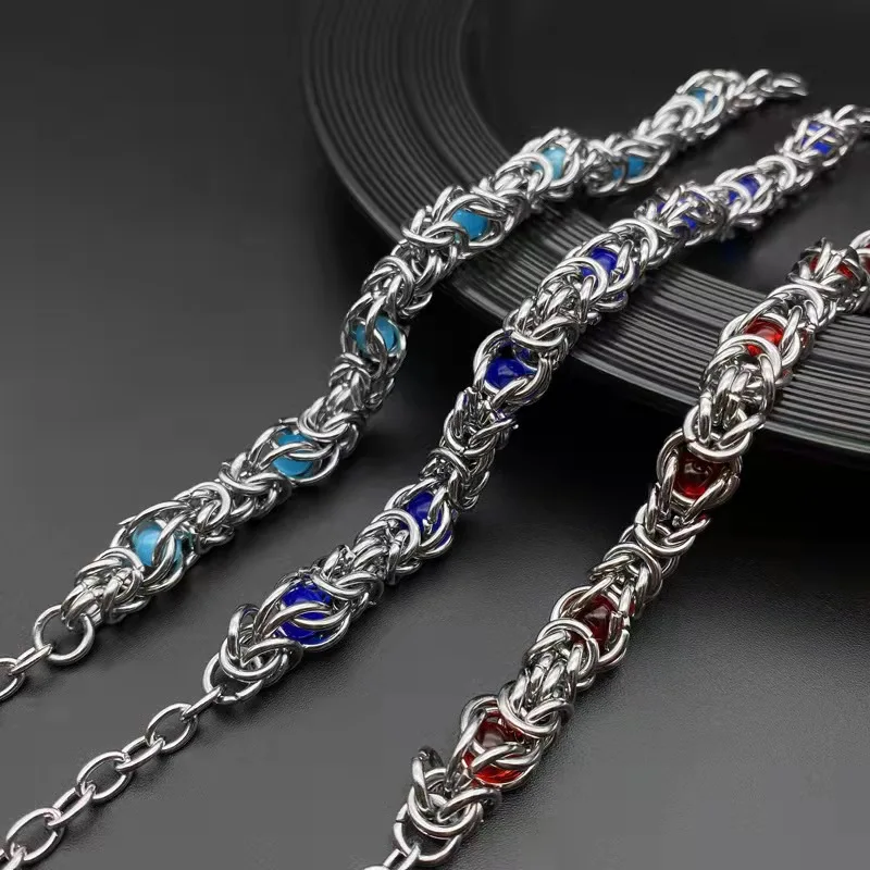 

New 316L Stainless Steel Byzantium Chain Bracelet Men Women Crystals Real Amazonite Luxury Jewelry Accessories Kpop Viking