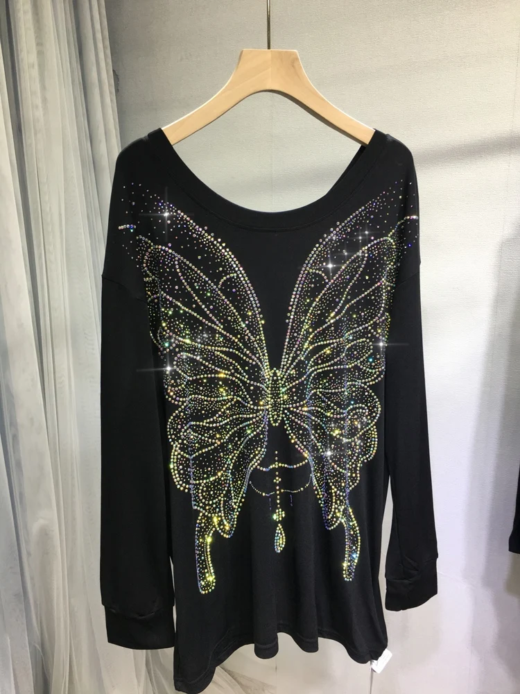 Hot Rhinestone Sweatshirt Top Ladies Luxury Butterfly V-neck Long Sleeve T-shirt Black Loose Slimming Autumn Women's Clothing