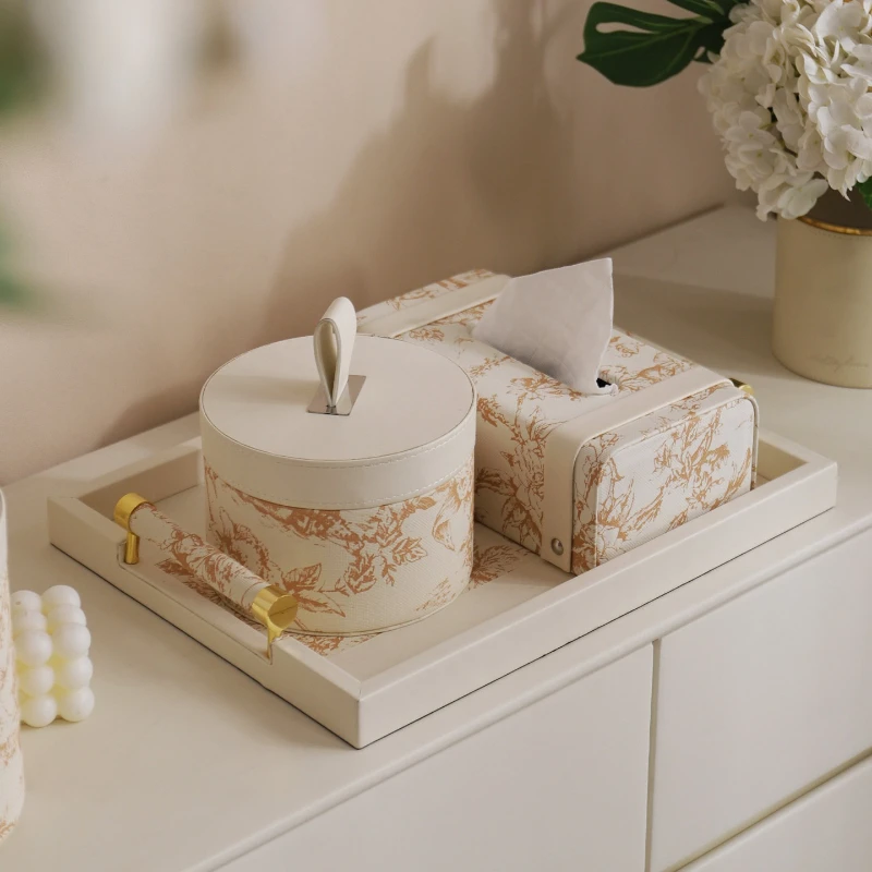 

Cream Style Leather Tissue Box Handmade Dustproof Storage Box Coffee Table Organizer Round Desktop Jewelry Box for Living Room