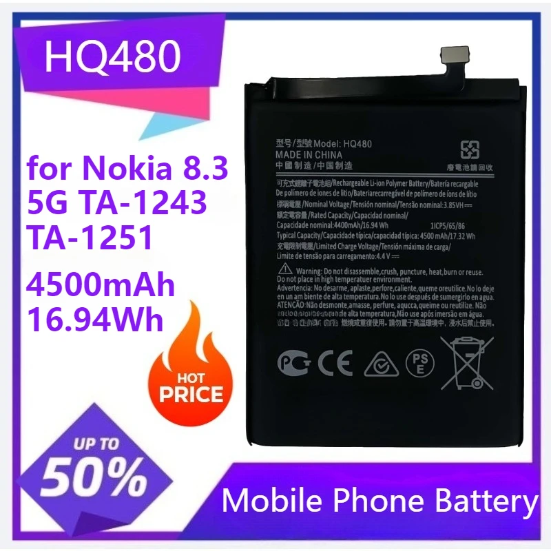 

HQ480 Mobile Phone Battery for Nokia 8.3 5G TA-1243 TA-1251 high Capacity Newly upgraded Batteries 3.85V 4500mAh 16.94Wh