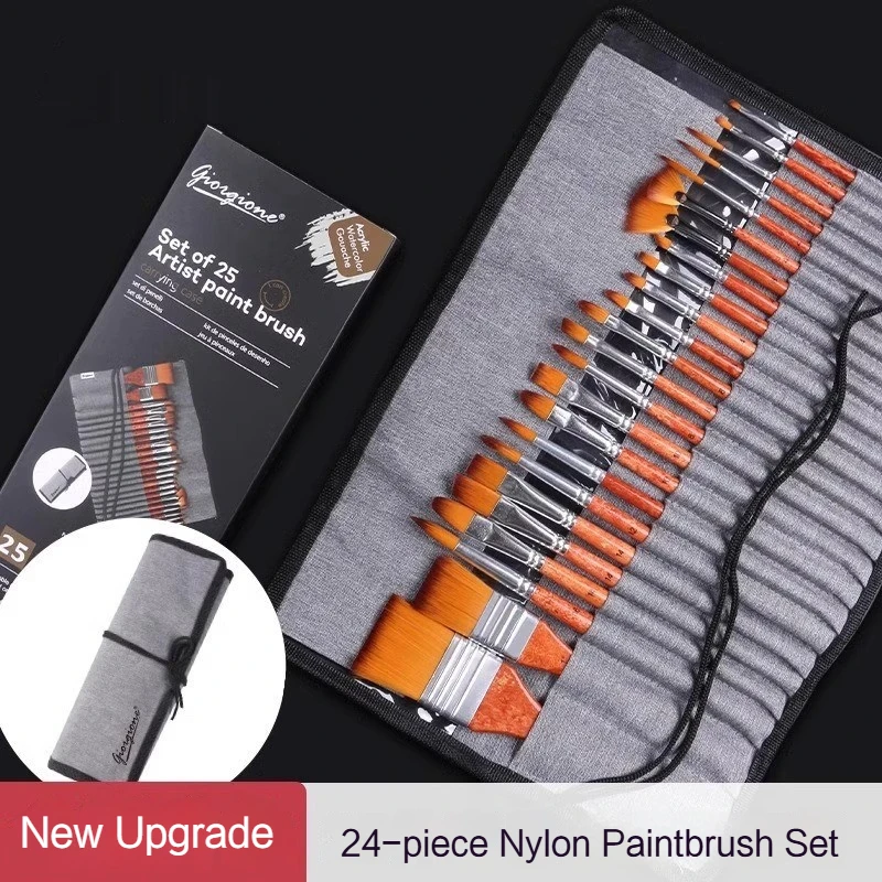 24pcs Nylon Brush Set Scraper Pen Curtain Brown Rod Different Shape for Gouache Watercolor Oil Painting Art Supplies Stationery