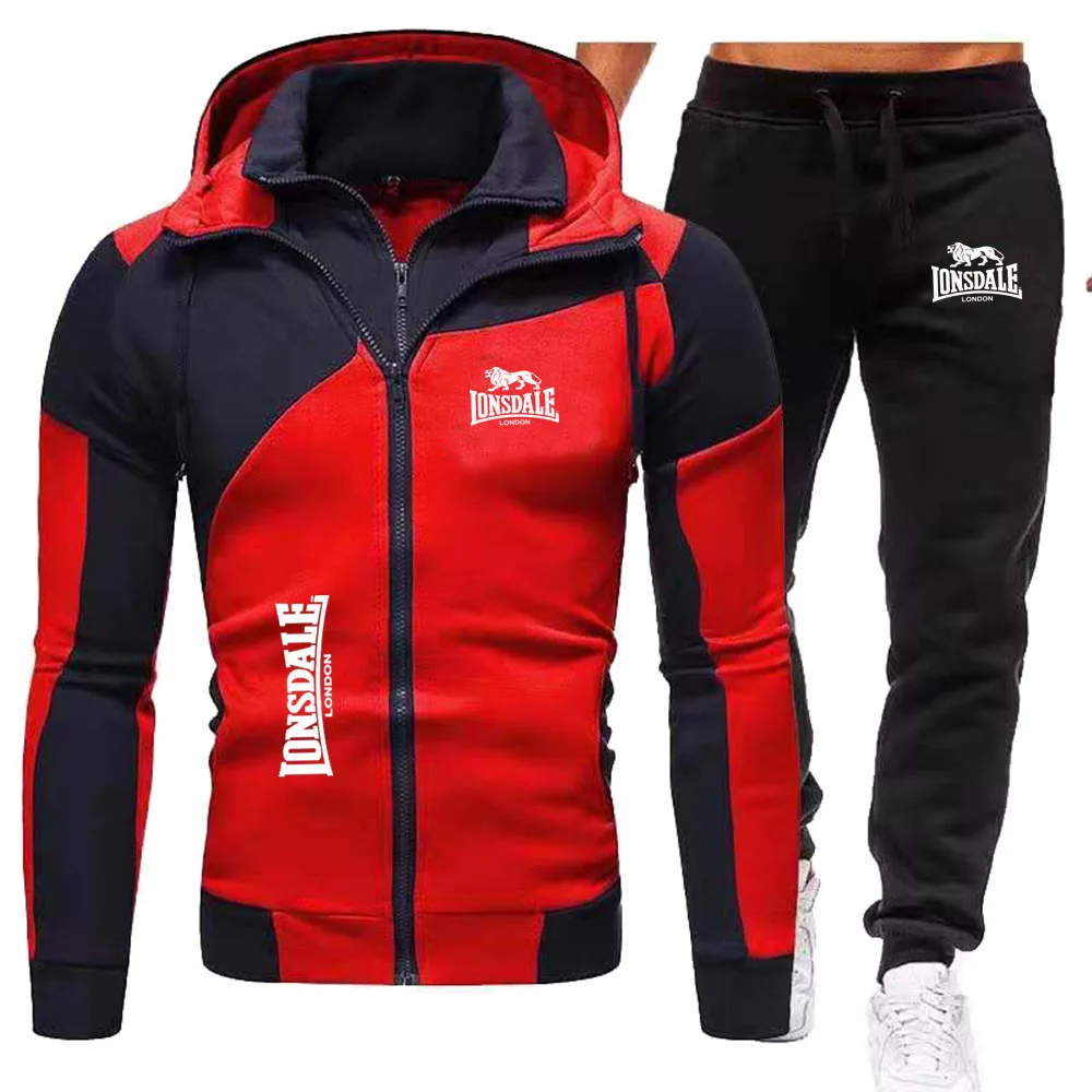 LONSDALE Print Contrasting Double-Layer Zipper Hooded Cardigan 2-Piece Set Men's Slim Fit Hooded Fleece Sweatshirt Casual Set