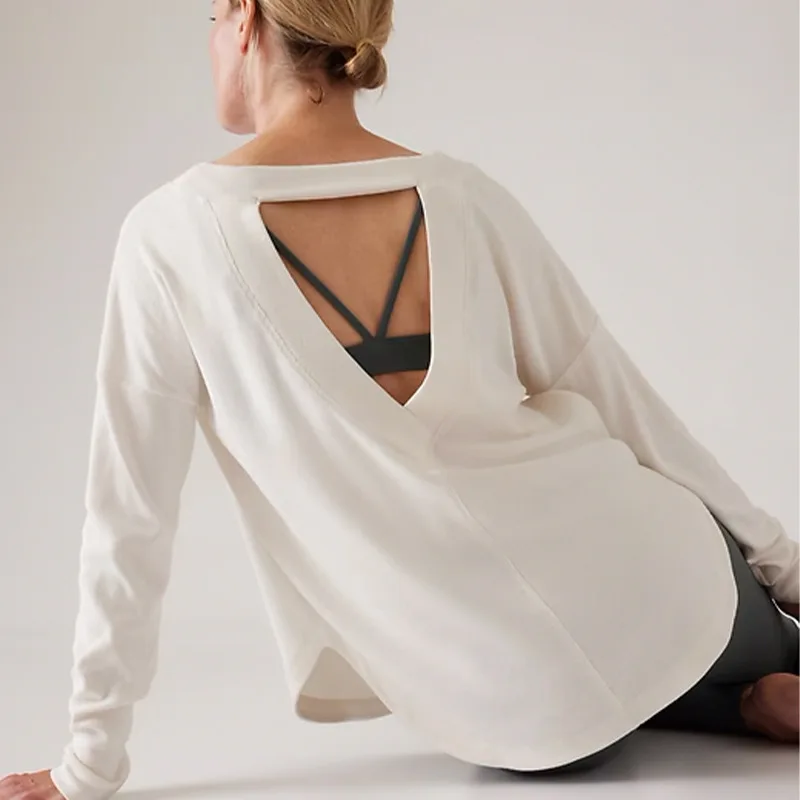

Yoga Women Long Sleeve Shirts O-Neck Autumn And Winter New Hollow Out Backless Casual Loose Top Running Loose Sports Gym Tops