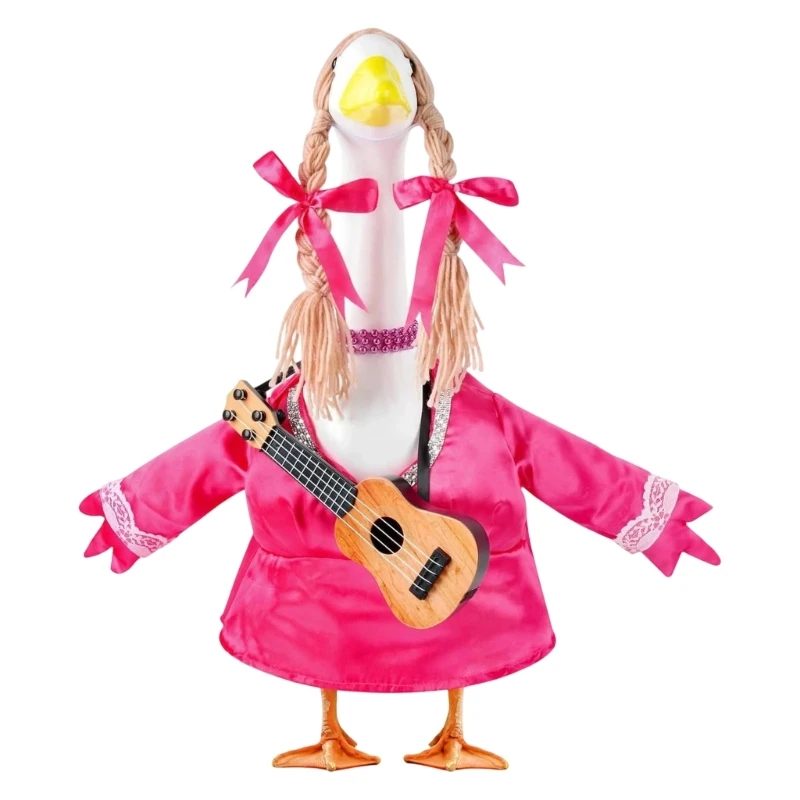 Dreiteiliges Musiker-Kostümset für bestehende Gartenvogelstatue mit Kleid, hellgoldenem Haarteil und Minigitarre 3XUF – Detail 4