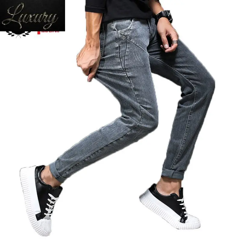 

2023 Grey Jeans Pants Men Stretch Denim Skinny Slim Fit Young Biker Streetwear Male Cowboys Trousers Korean Fashion Clothing