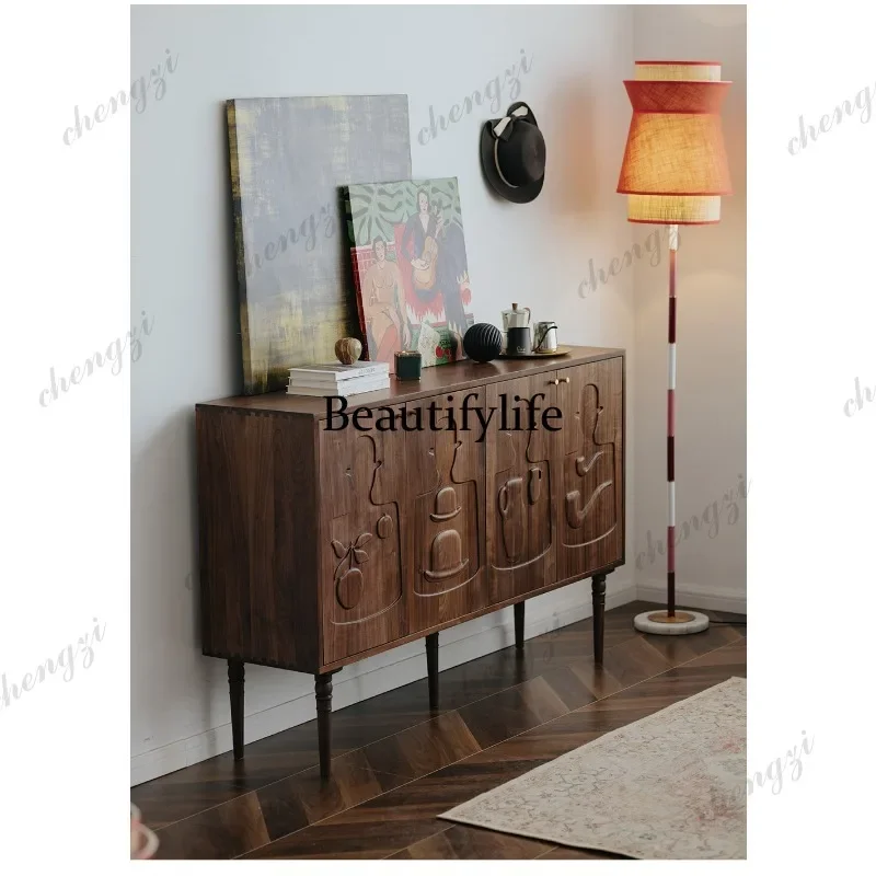 02A Household porch cabinet Large capacity retro storage locker Black walnut solid wood relief cabinet