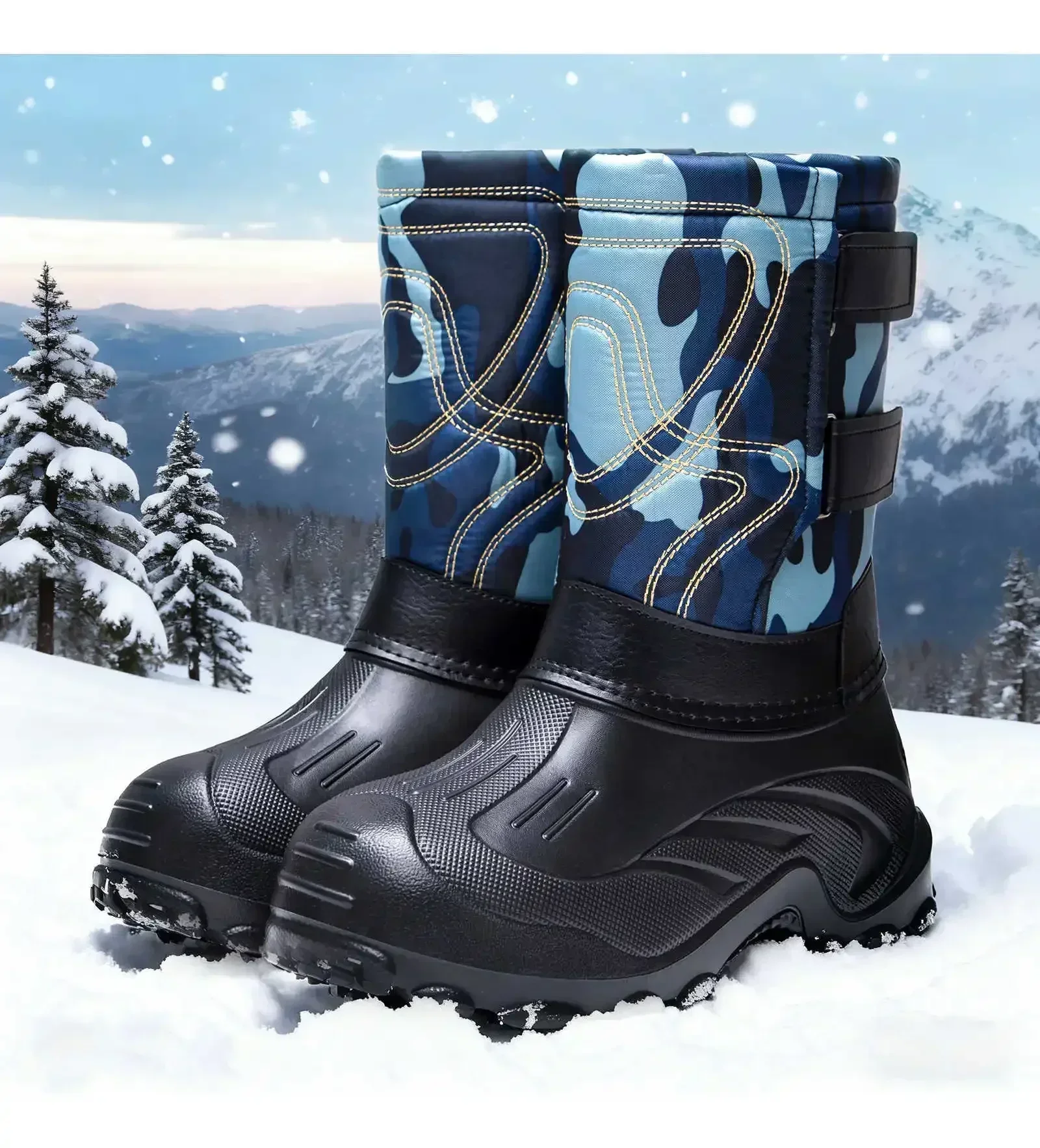 Herren Winter-Schneestiefel mit mittlerer Schaftlänge, Camouflage-Motiv, Klettverschluss-Design, wasserdicht, rutschfeste Gummisohle, warme Outdoor-Stiefel – Detail 11