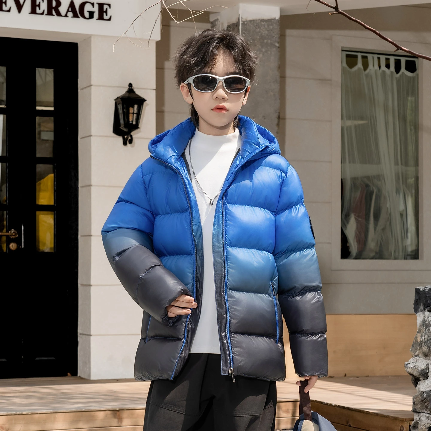 Boys Girls Winter Gradient  Blue Cotton Padded Outwear Teenager Kids Thick Warm Windproof Cotton Content Coat Children Garment