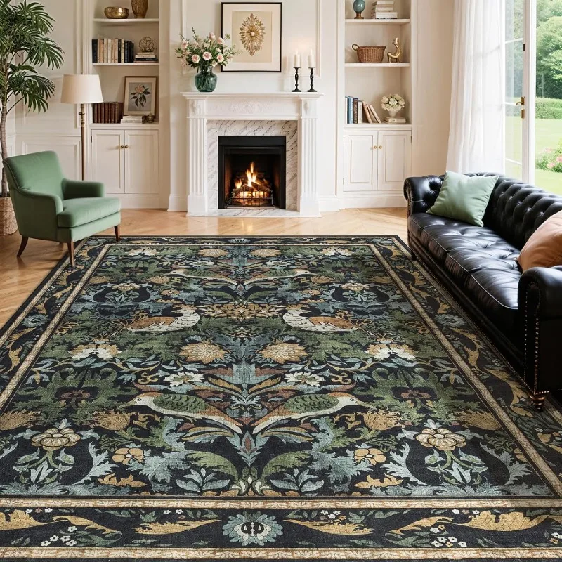 Retro Floral Bird Pattern Living Room Carpet Foldable Machine Washable Sofa Coffee Table Non-slip Floor Mat Bedroom Soft Rug 러그