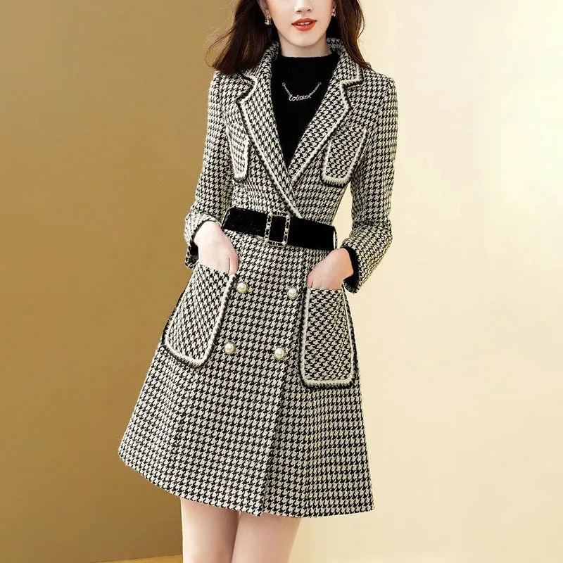 

Houndstooth Windbreakers Coat Women's Overcoat Autumn Winter 2024 New Medium Long Double-Breasted Slim Casual Trenchcoat Coats