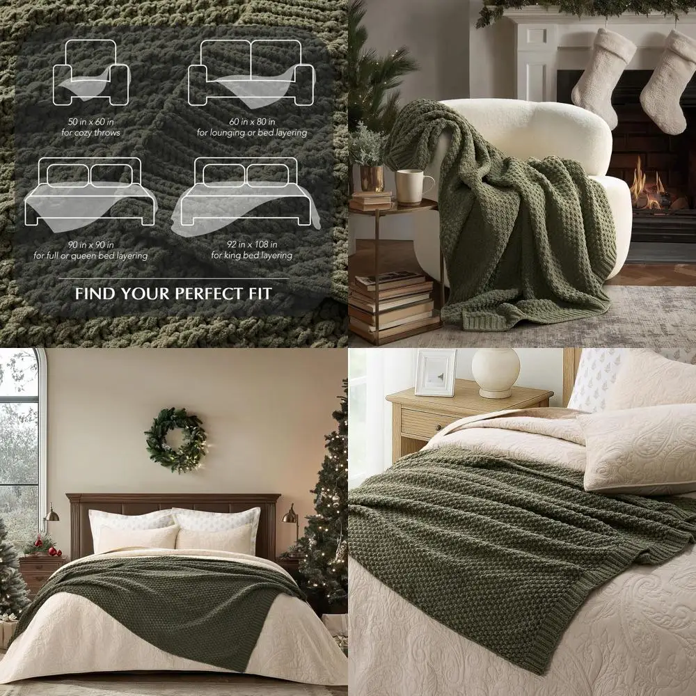

Luxurious Olive Green Chenille Knit Throw Blanket, 50x60 for Cozy Sofa and Bed, Moss Stitch Decorative Farmhouse Style