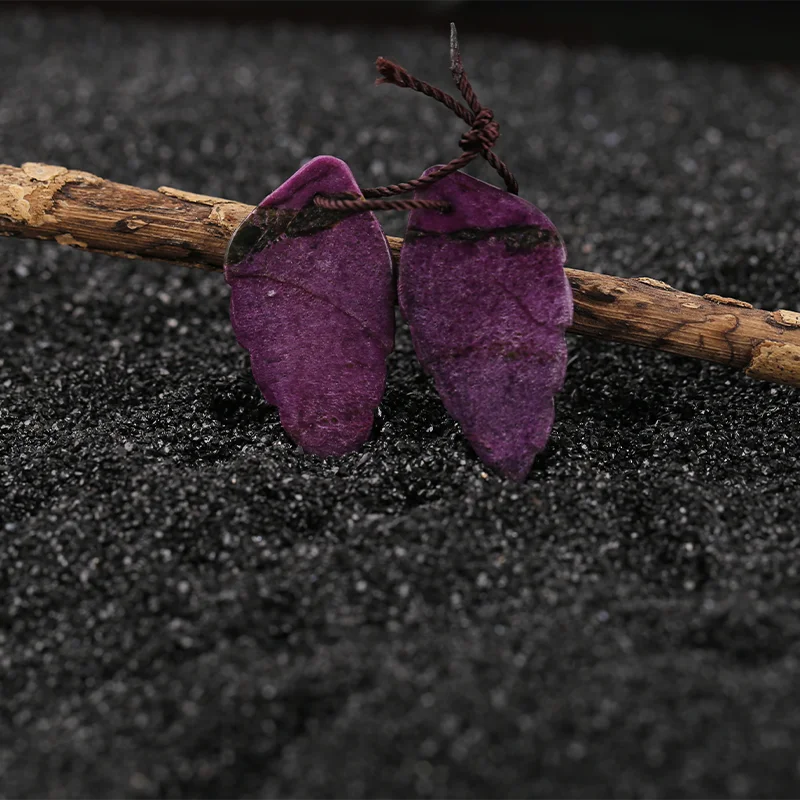 Handmade Jewelry Atlantisite Purple Stone  Carved Leaf Earring Bead,Natural Stone Earrings Accessories For Women 33x15x3mm 6.8gg