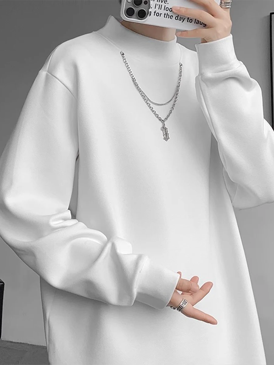 

Утепленная термофутболка с длинным рукавом для мужчин, свободный крой, высокий воротник, модный молодежный свитер из полиэфирного волокна