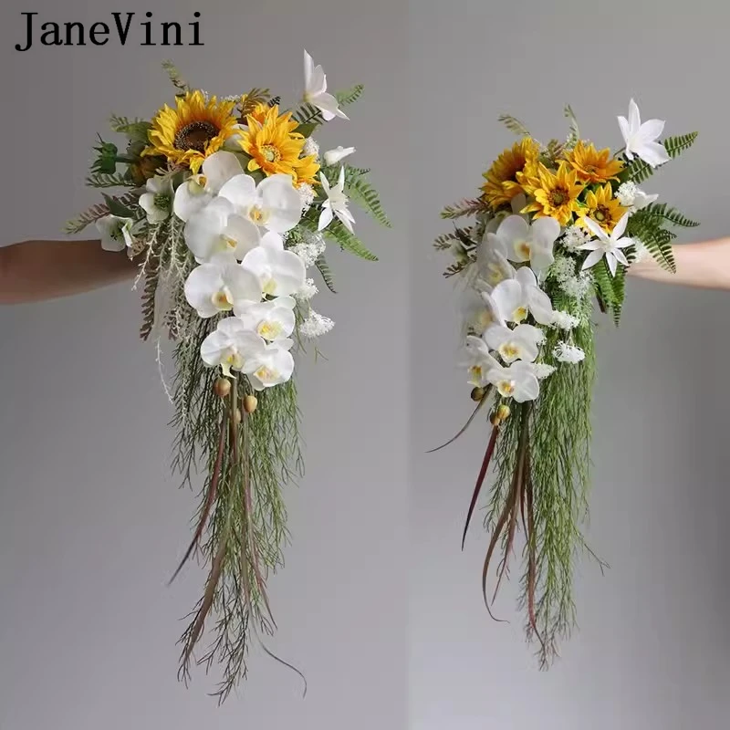 

JaneVini Yellow Sunflower Wedding Bouquets Waterfall White Green Plant Artificial Cascading Bride Flowers Bridal Bouquet Vintage