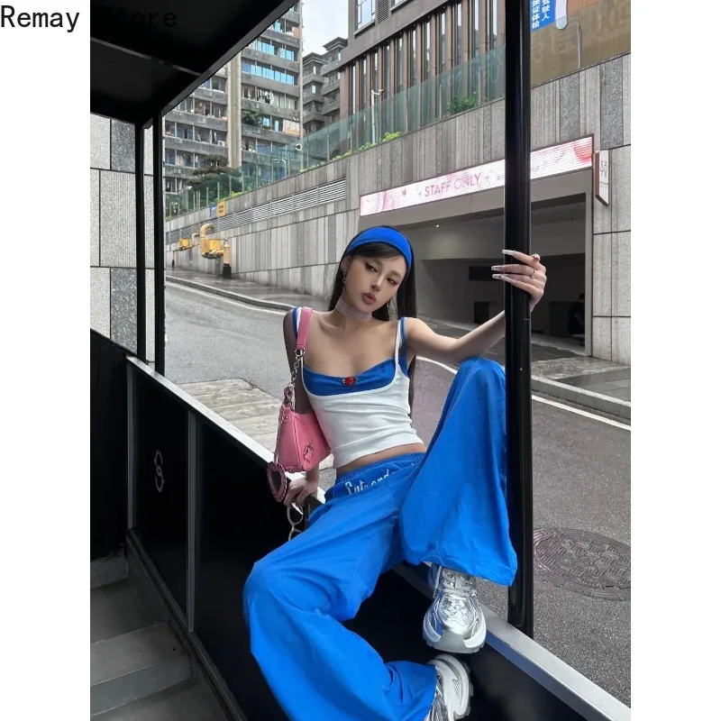 2026 Autumn New Y2k Retro Style Letter Print Blue Wide Leg Pants Women  Loose Smooth Laid-back Floor-length Korean Fashion Pants