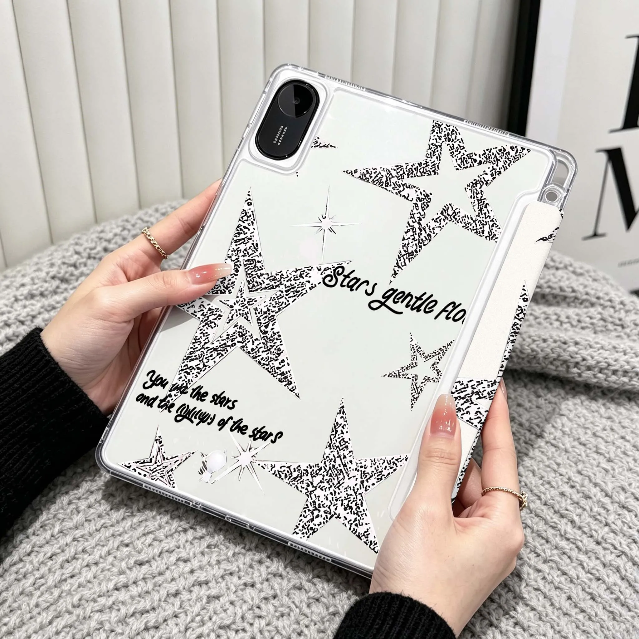 Cartoon Moon Star Pattern For Xiaomi Redmi Poco Pad 5 6 7 8 Pro SE 11 11.2 12.1 Inch Transparent Y-Shaped Folding Tablet Case