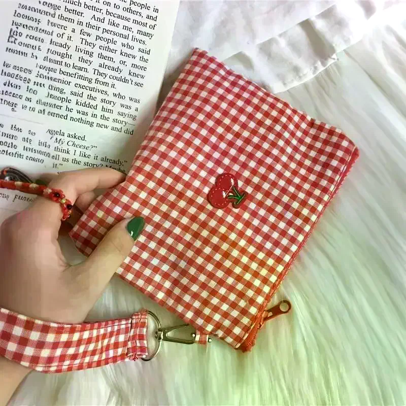 /HTF/Red Cherry Canvas Makeup Bag Portable And Easy To Carry Red Plaid Large Capacity Cosmetic Lipstick Storage Bag