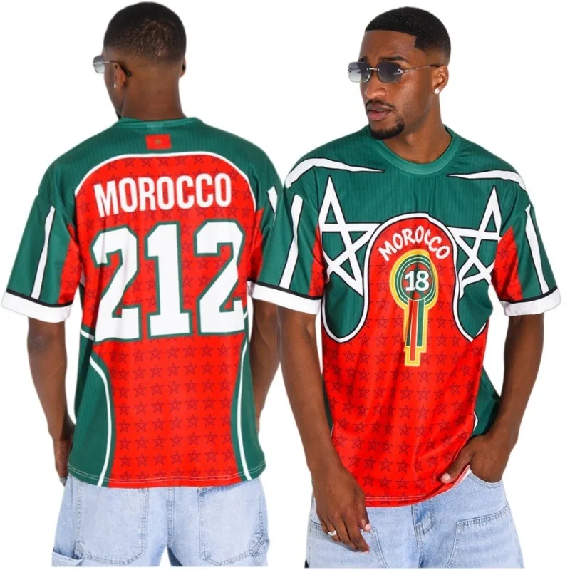 2026 New Morocco-themed Jersey, Color Block David Star Print No. 18 & 212 Short-Sleeve Unisex Breathable Casual T-Shirt for Fans