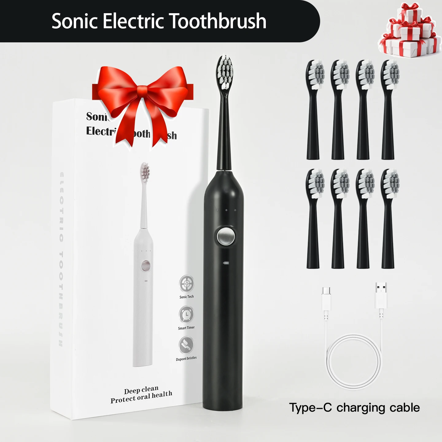 

Звуковая электрическая зубная щетка для взрослых, водонепроницаемая насадка DuPont, USB перезаряжаемая, 8 насадок для чистки, 6 режимов чистки, подарки