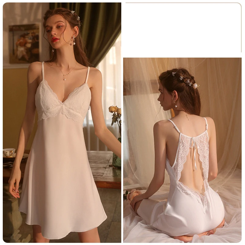 One Piece Women Pajamas Set Deep V Pure Desire Lace With Breast Cushion Casual Comfort Slip Nightdress 3 Colors Home Wear Set