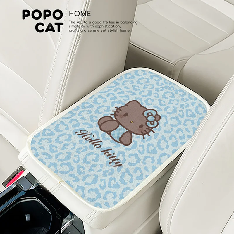 

Leopard Print Hello Kitty Car Armrest Box Pad Four Season Universal Car Center Armrest Protective Cover Ice Plush Pad