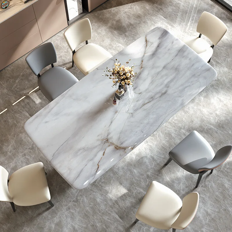 โต๊ะรับประทานอาหารและเก้าอี้หินอ่อนหรูหราจากธรรมชาติ ผสมผสานความหรูหราแบบเบาๆ สำหรับวิลล่าระดับไฮเอนด์ รูปทรงสี่เหลี่ยมผืนผ้า