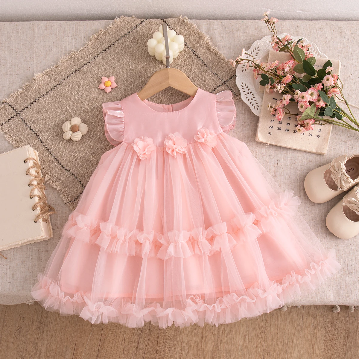 Baby Dresses Summer Cotton Solid Color Flower Mesh Small Flying Sleeves Baby Girl Dress Sweet And Cute Beach Baby Girl Clothing
