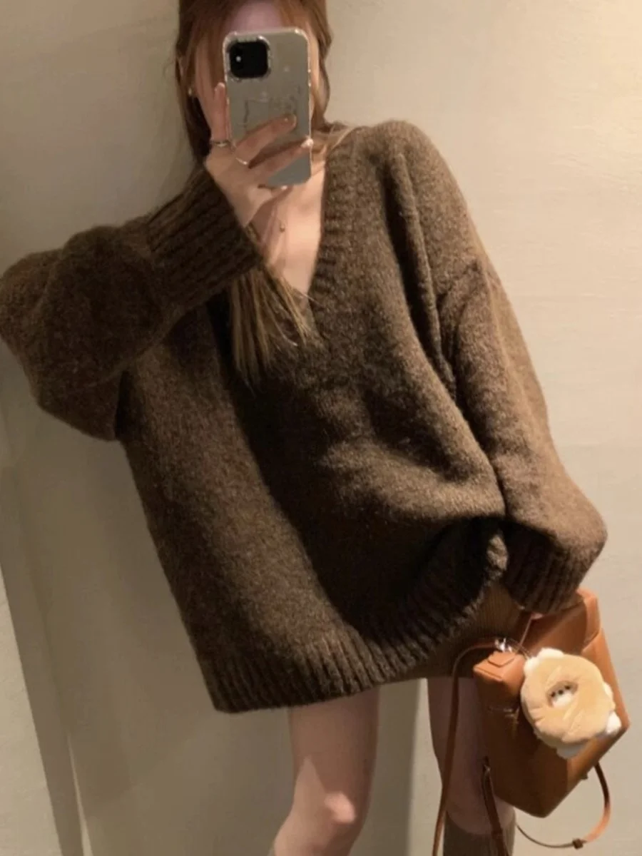 Suéter Retro Estilo Hong Kong con Cuello en V para Mujer, Moda Pure Desire, Otoño Invierno, Nuevo, ueso, Hoado, Tejido de...