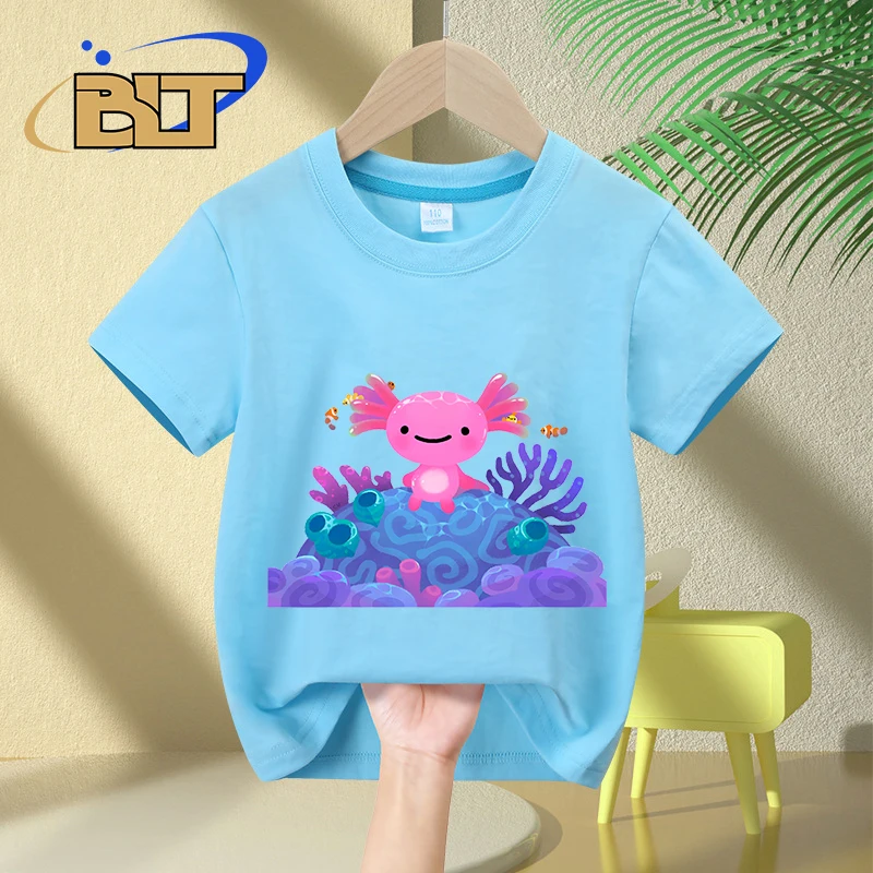 Coral axolotl printed kids T-shirt summer children's pure cotton short-sleeved casual tops boys and girls gifts