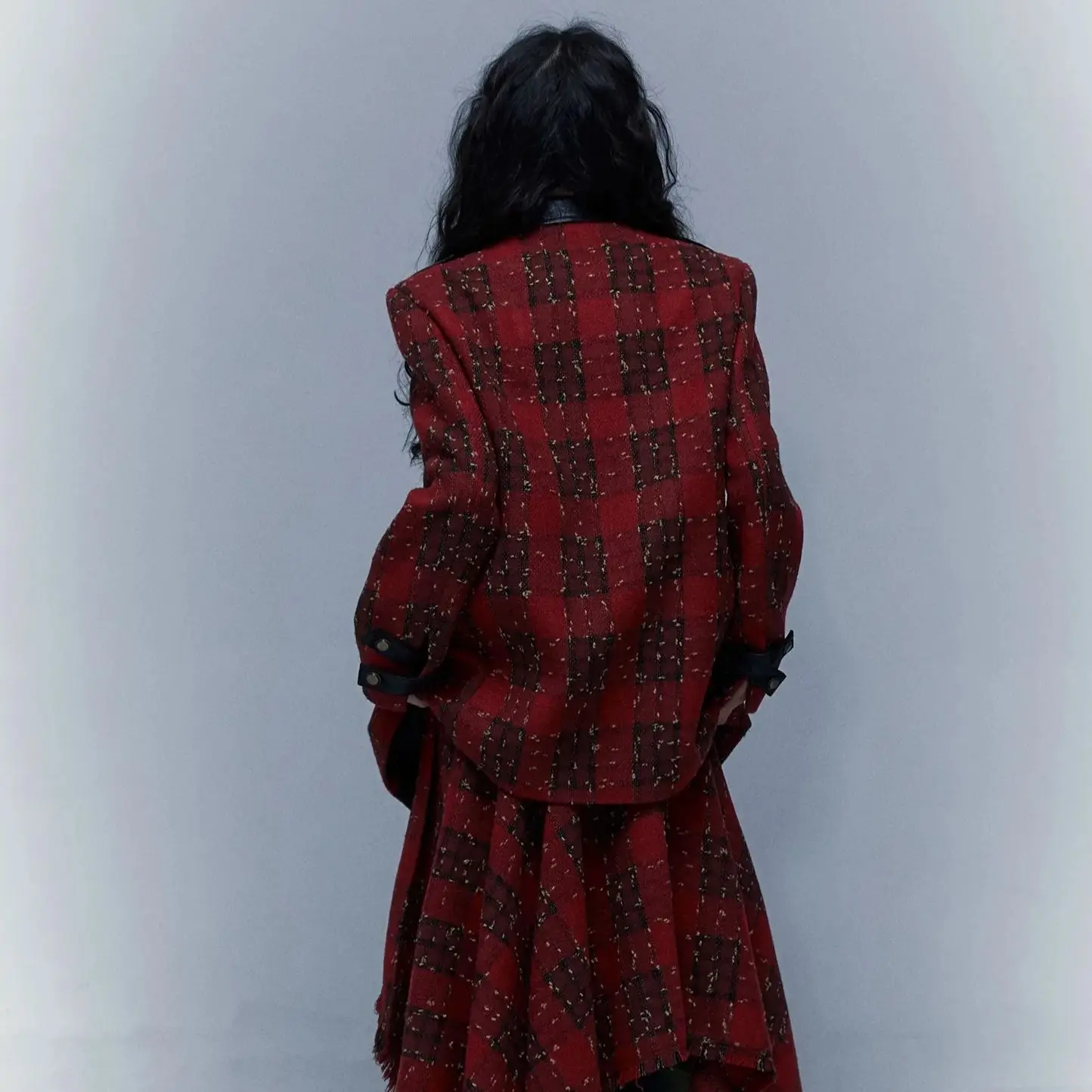 No Romance Women Red Plaids Oversized Tailored Jacket Retro Design Fashion Punk Y2k Loose Wide PU patch Punk Grunge Suit Blazer