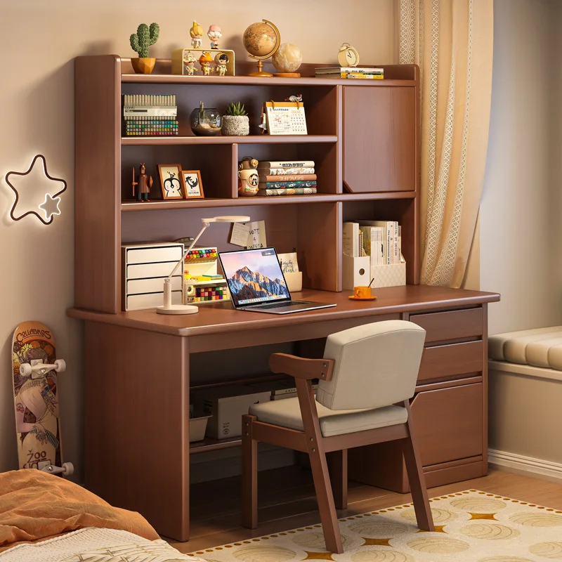 

Solid wood desk Student home study writing desk Bedroom bookshelf integrated table Bookcase against the wall Adult computer desk