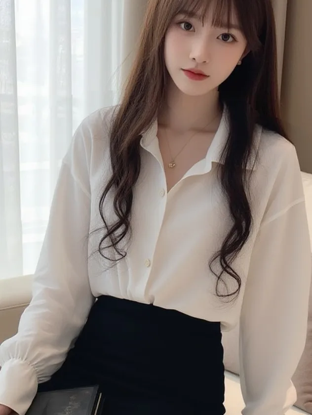 

Shirts Women Refined Lantern Sleeve Turn-down Collar Loose Fit Harajuku S-3XL Spring Autumn Stylish Office Lady Chic Basic Tops