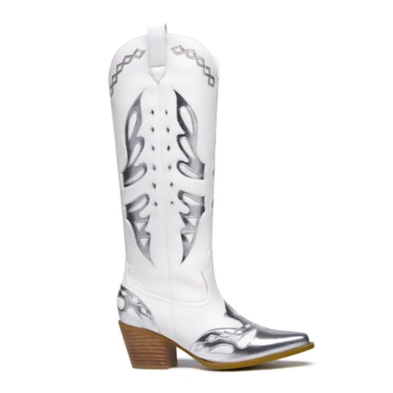 

Cowboy Boots for Women 2025 New Knee High Embroidered Western Cowgirl Boots Pointed Toe Chunky Heel Retro Country Boots Shoes