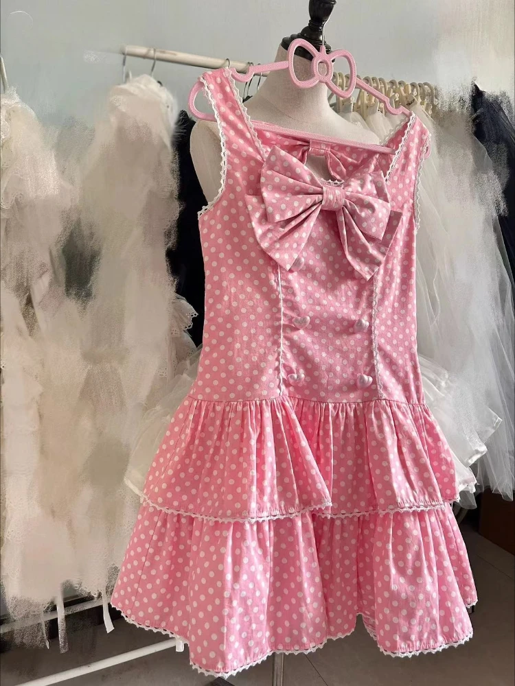 Vestido rosa dulce de verano para mujer 2025 Y2k, bata bonita elegante, vestido acampanado con lazo de lunares, vestidos japoneses con doble botonadura, nuevo