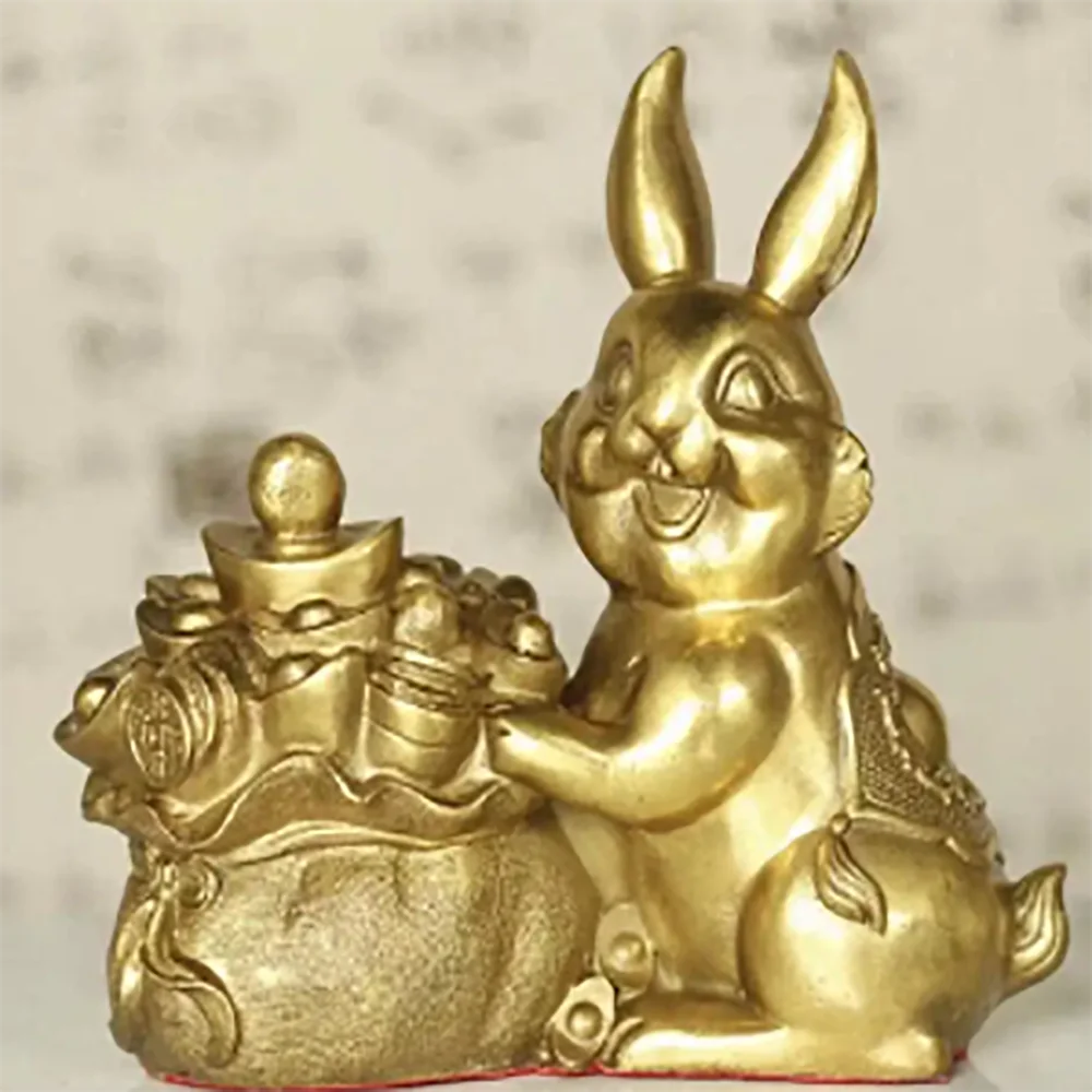 

Chinese Fengshui Brass Fu Animal Rabbit Hold Yuanbao Money Treasure Bowl Statue