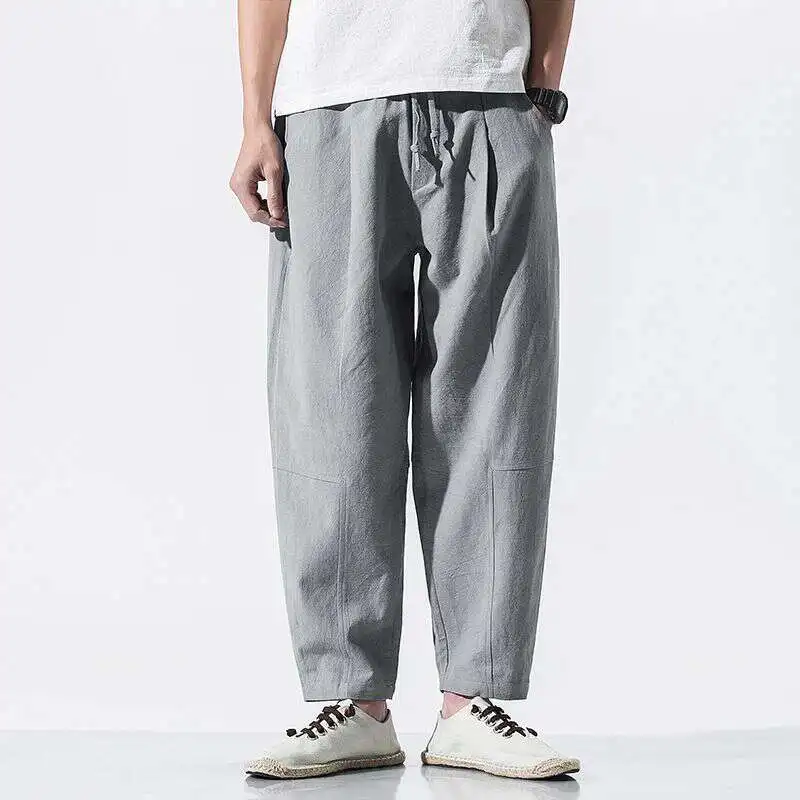 

Men's Summer Thin Large Size Straight Leg Cotton Linen Loose Sports Pants High Waist Nine Points Thin Cotton Linen Trousers