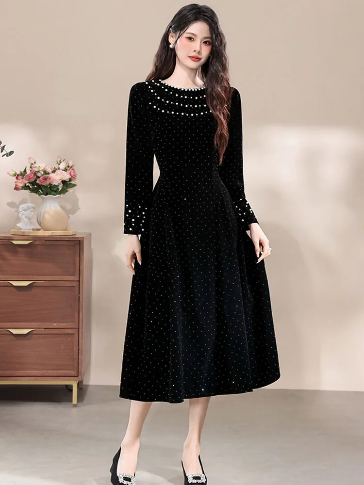 Retro elegante feminino vestido de festa à noite veludo brilhante strass pérola vestido de baile primavera moda manga longa vestido de festa