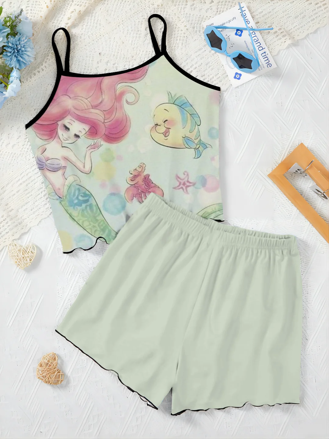 T-shirt Women's Suit Slip Dress Disney Short Sets New Two Piece Set Pajama Skirt Mermaid Lettuce Trim Top Pieces Elegant Pants