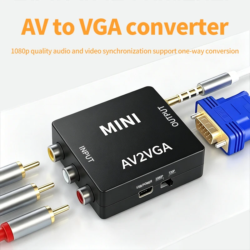 1080P AV RCA CVBS to VGA Video Converter with 3.5mm Audio Supports PAL NTS Video Adapter for TV Set-Top Box Monitor PC
