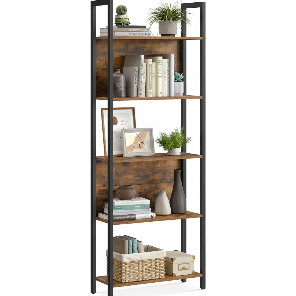 

5-уровневая промышленная книжная полка, книжный шкаф со стальным каркасом для гостиной, домашнего офиса, спальни, коричневый и черный в деревенском стиле