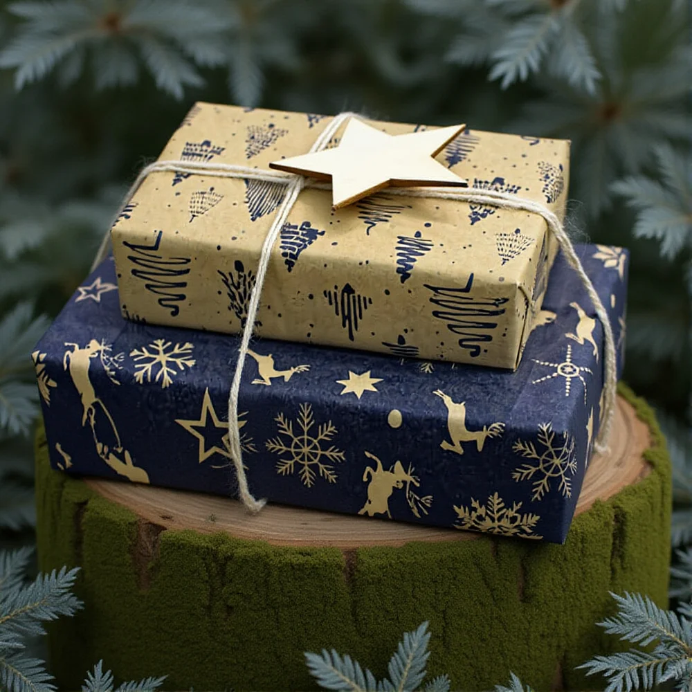 Papier d'emballage cadeau de noël, Bouquet imprimé Double face, papier d'emballage Kraft pour cadeau, papier décoratif pour fête de noël et du nouvel an