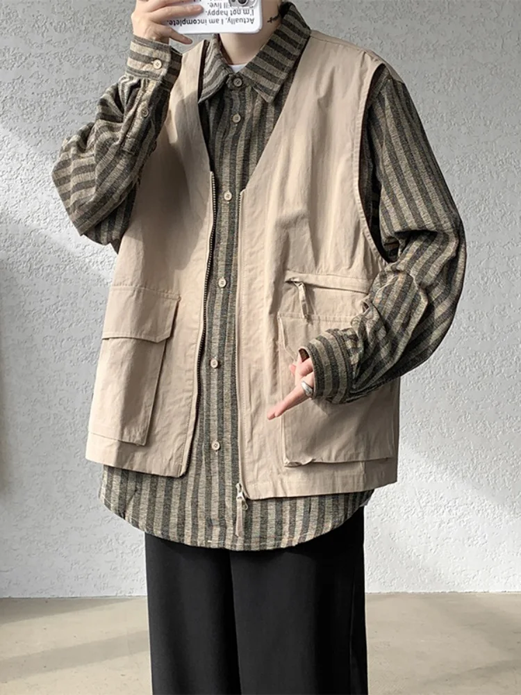 

American Style Patchwork Shirt Men's Spring New Large Size Trendy Fake Two-Piece Button up Long Sleeve Striped Casual Shirt