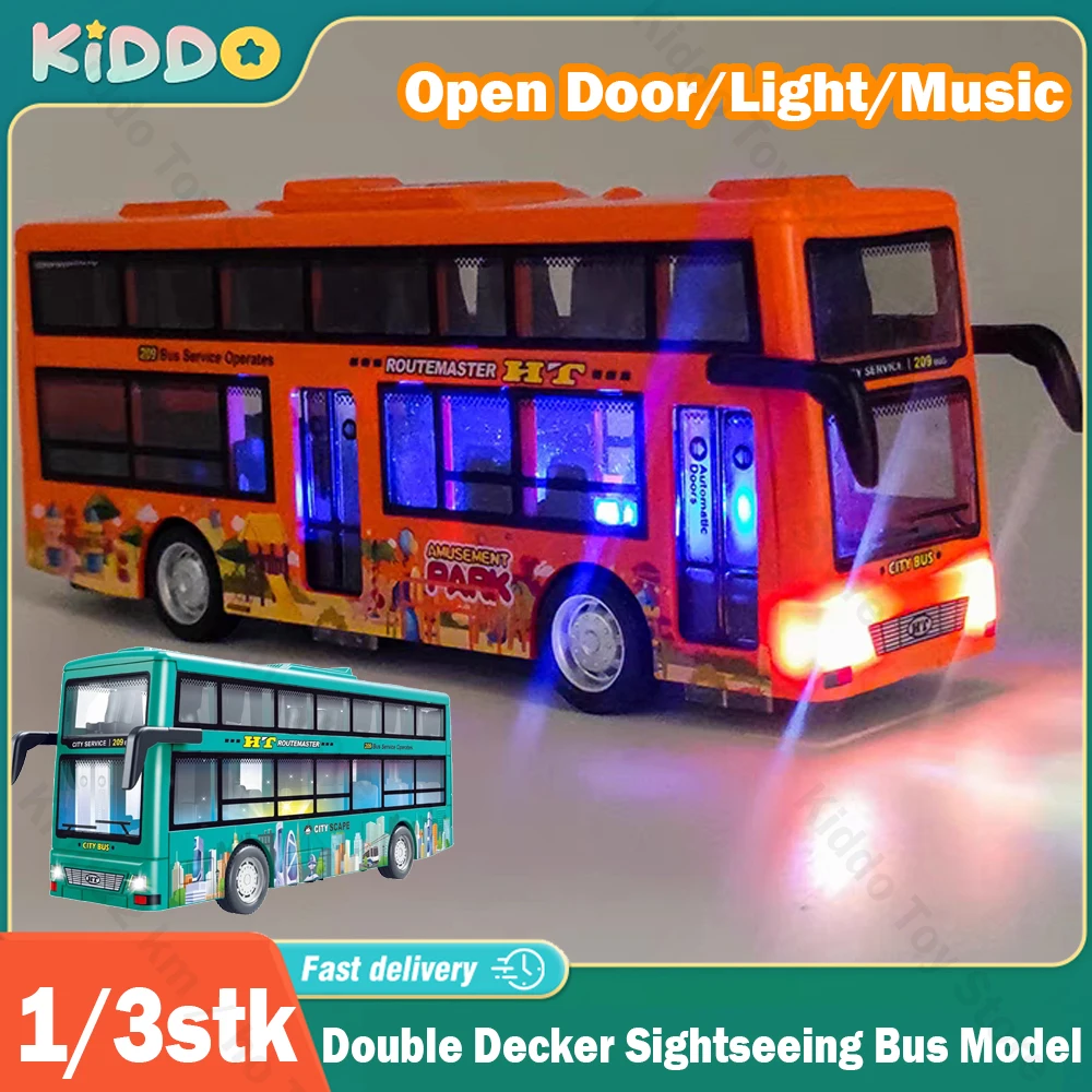 Double Decker Sightseeing Bus Model Pull Back Vehicles Toy Die Cast Pull Back Vehicles Open the Door Light Music Toys for Boys