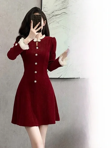 

Spring New Sle plus Size Women's Dr Sweet Casual High Waist Long Sve ort Skirt A-Line Gown Retro Button Detail