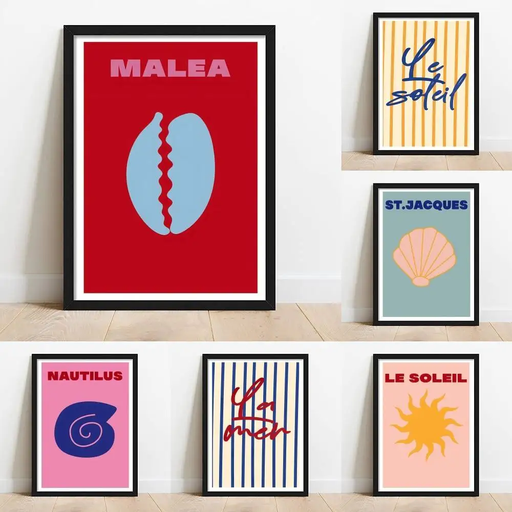 French Coastal Paper Poster Minimal Seashell Sun Striped La Mer Le Soleil Color Wall Print for Living Room Bedroom Home Decor