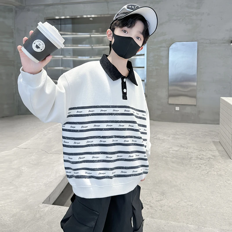 New Design Kids Polo Sweatshirt for Tween Boy Fashion Casual Striped Turn Down Collar Hoodie Korean Children Autumn Clothing