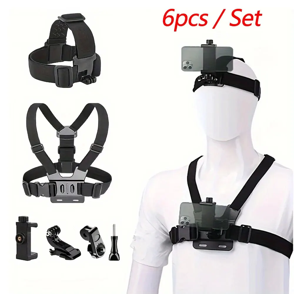 All-in-One 6pcs Action Camera Kit Head Strap Chest Strap Mount Adjustable for GoPro Phone Osmo Enhanced Stability Versatility