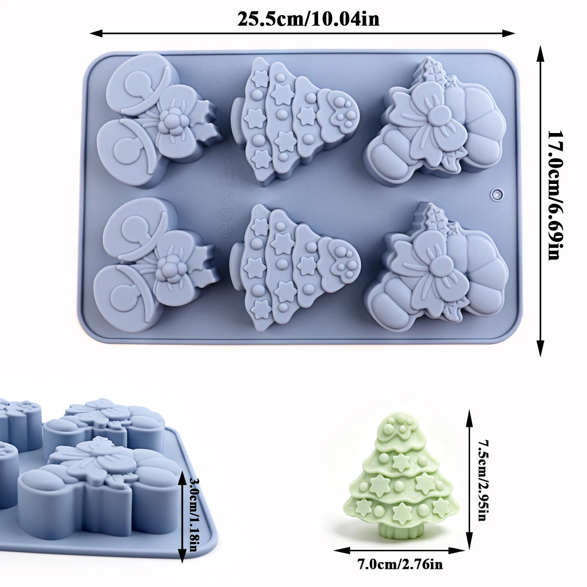 Christmas-Themed Silicone Molds, Including Three Shapes: Christmas Candy Canes, Christmas Trees, and Christmas Bells, Non-Stick and Easy to Demold, Food-Grade Silicone, Can Be Used to Make Cupcakes, Christmas Decorations, Chocolate, and Other Baked Goods, DIY for Beginners, Christmas Baking Gifts, Home Baking - view 2