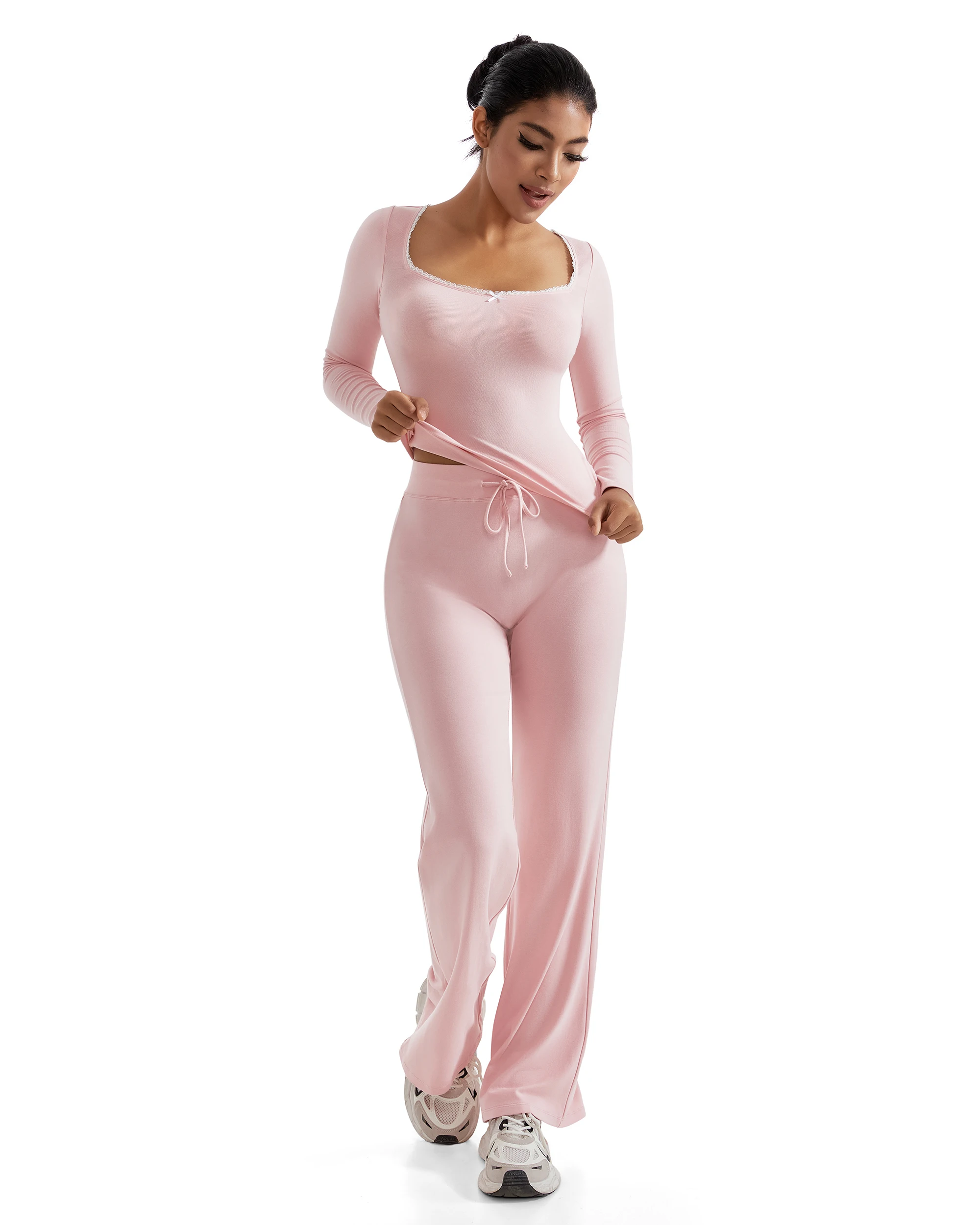 Ensemble de salon en dentelle pour femmes, col carré, manches longues, hauts, pantalons à jambes larges, ensembles de maison, automne, ensemble 2 pièces, tenues, survêtements féminins