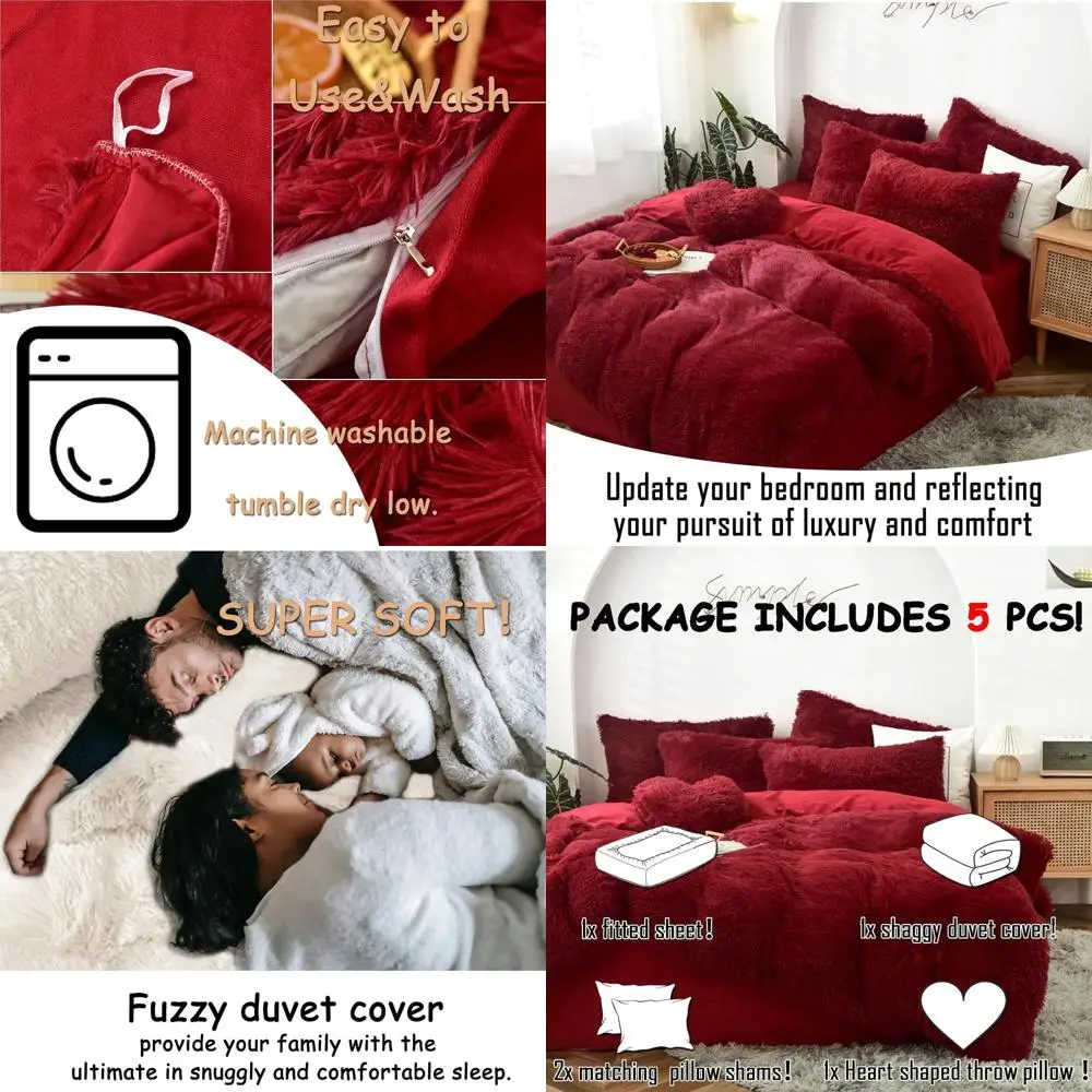 

Red King Size Plush Shaggy Faux Fur Comforter Set with 5 Pieces: Velvet Quilt Cover, Pillowcases, and Fitted Sheets